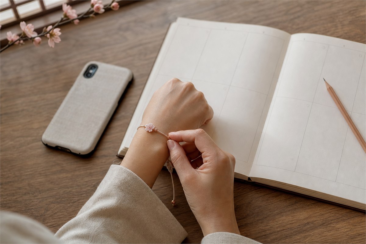 A person fastens a simple blossom bracelet beside a blank weekly planner and a face-down phone