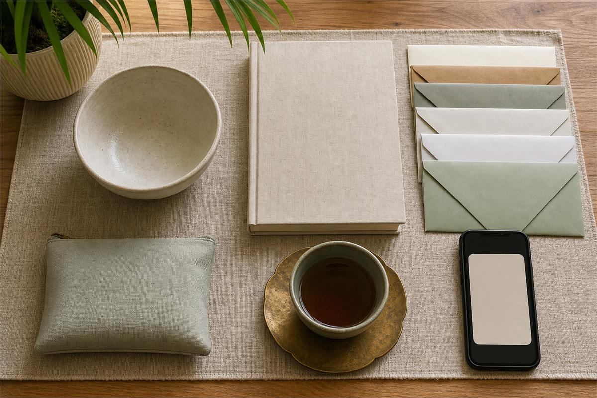 Overhead desk with an empty ceramic bowl, blank notebook, envelopes, document pouch, phone, tea, and plant