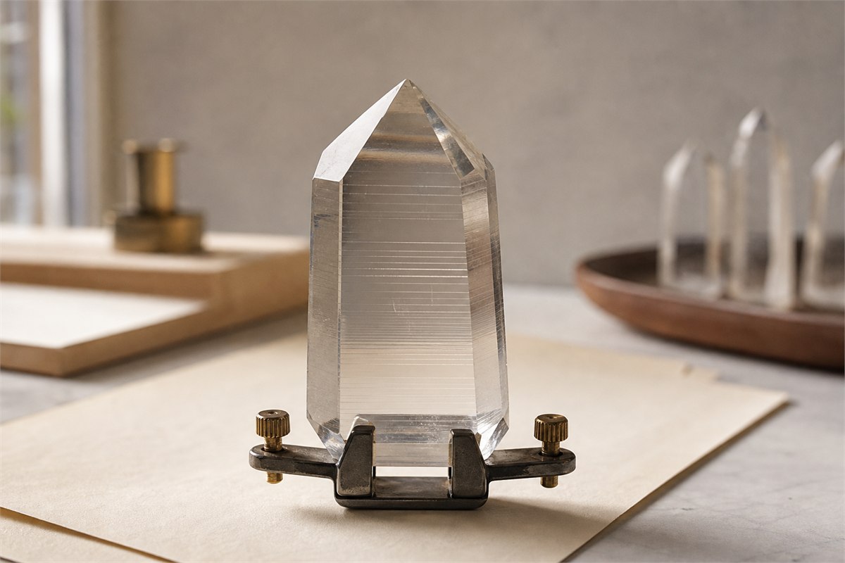 Macro view of high-clarity synthetic quartz with a subtle seed boundary and faint parallel growth lines