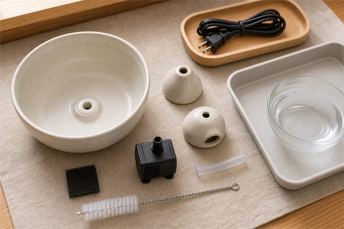 Drained fountain basin with pump tubing brushes and dry separated power cord