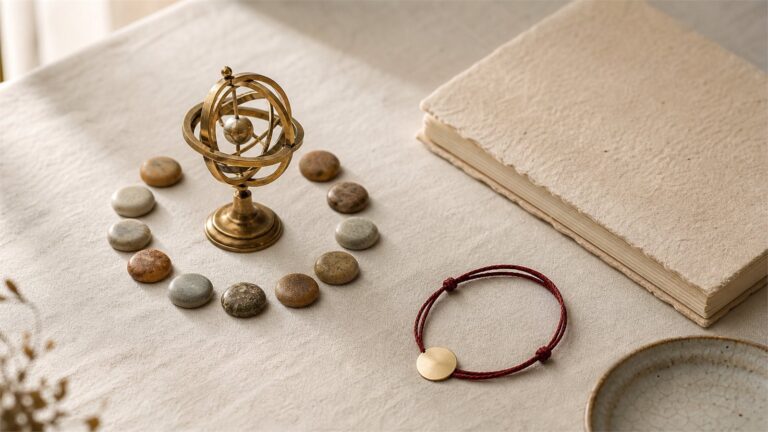 Brass armillary model, twelve stone markers, red cord bracelet, and blank handmade notebook on ivory linen