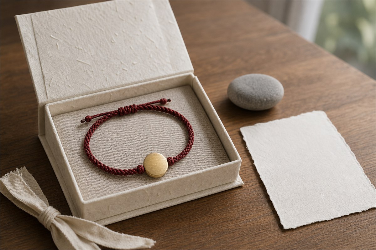 Open warm-neutral gift box with a restrained red cord bracelet and a blank handmade card