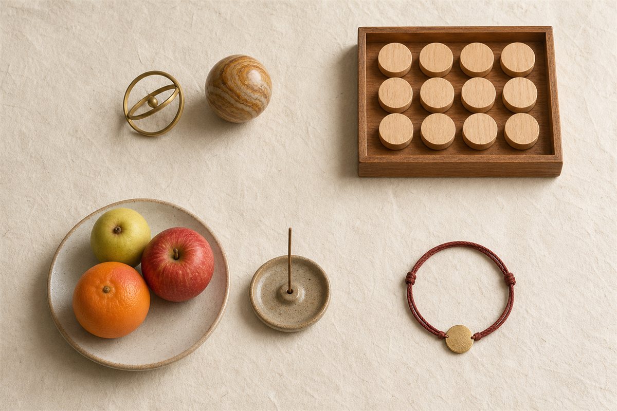 Four-part study with a brass orbital model, twelve blank tokens, fruit offering, and a red cord bracelet