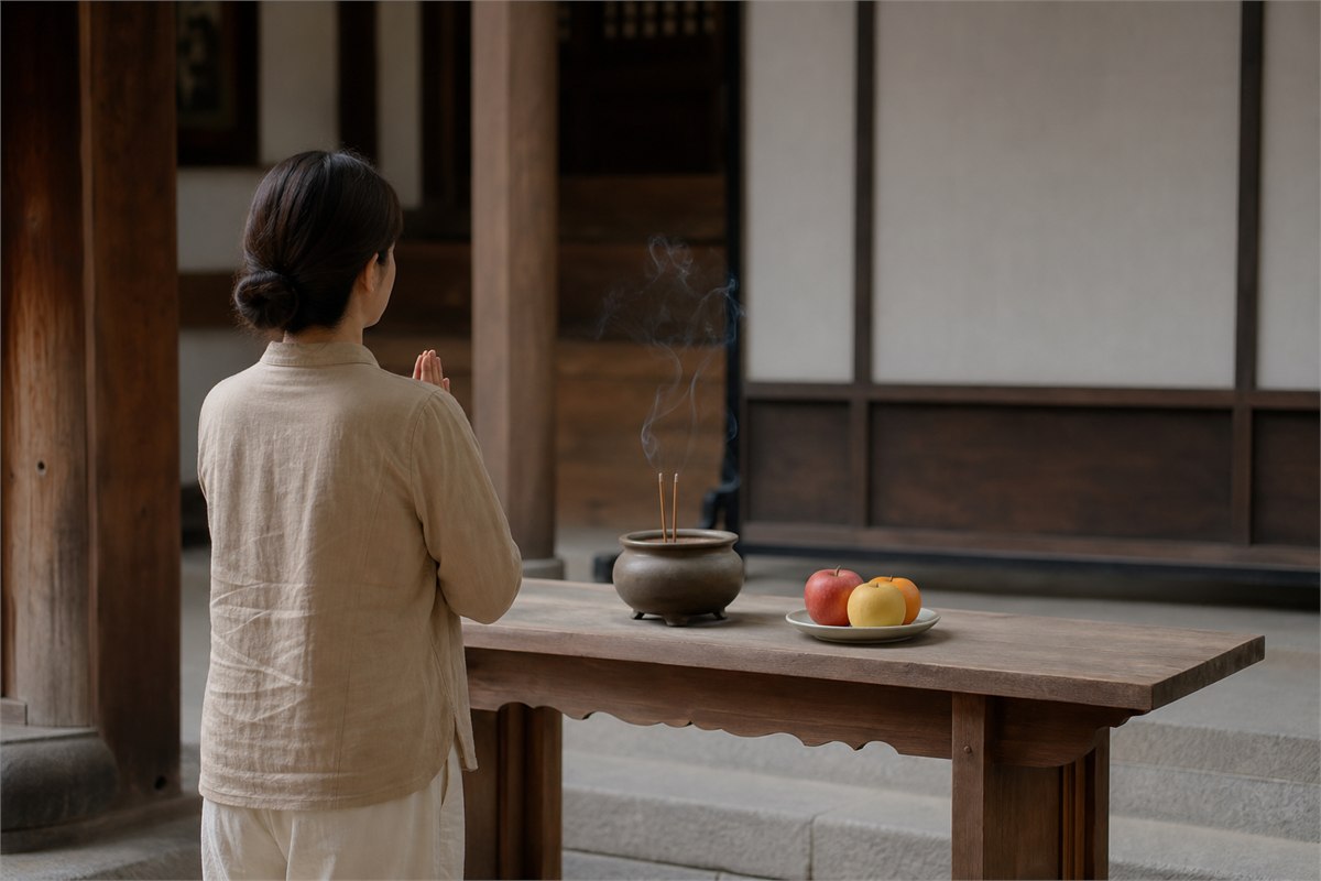 Visitor at a quiet temple table with three fruits and two incense sticks, with no deity or written talisman shown