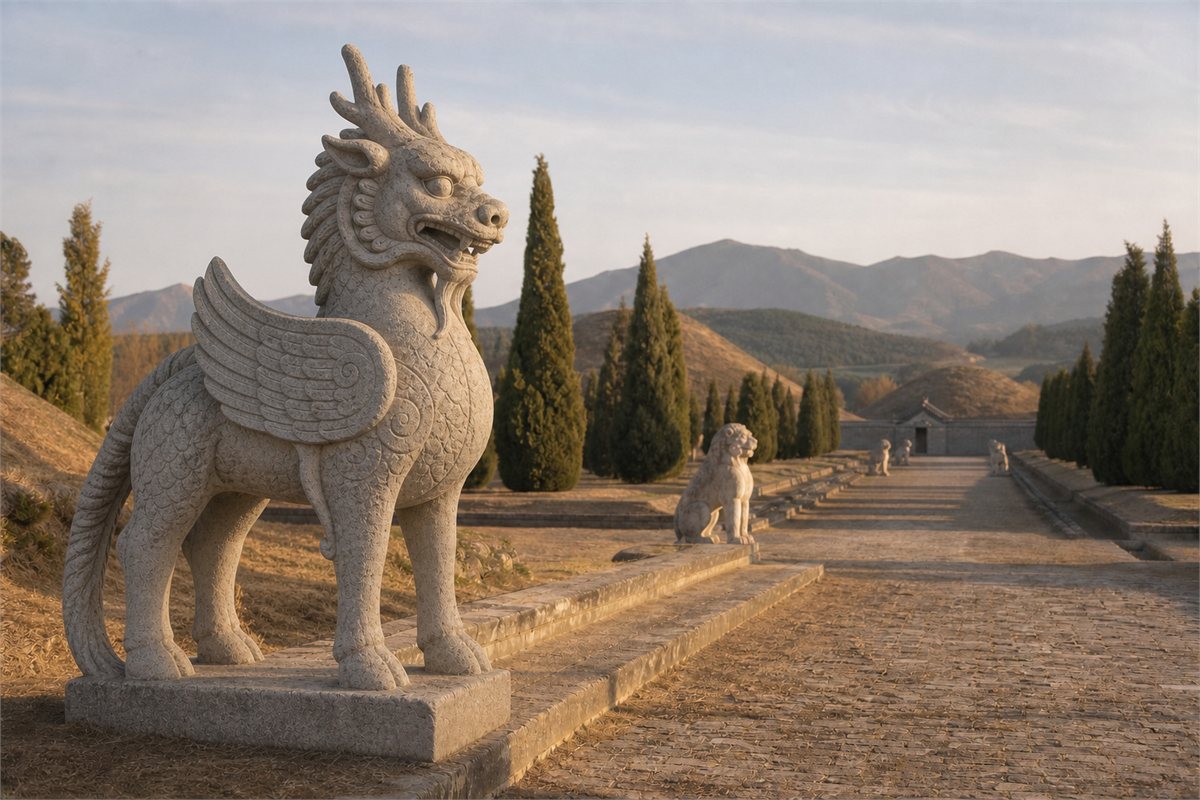 Tang-period mausoleum avenue with a monumental Tianlu-type stone guardian and walking lions