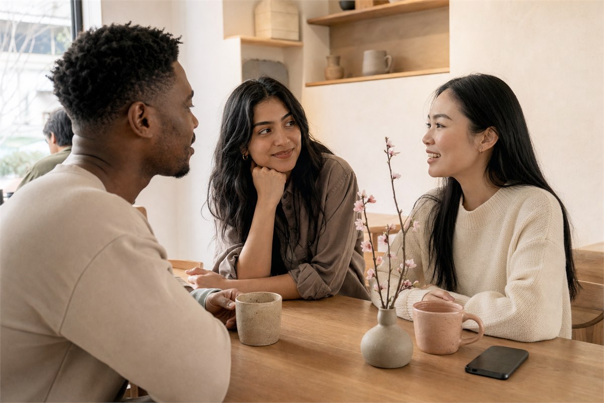 Three friends talking at a café table with a small peach blossom branch and a face-down phone