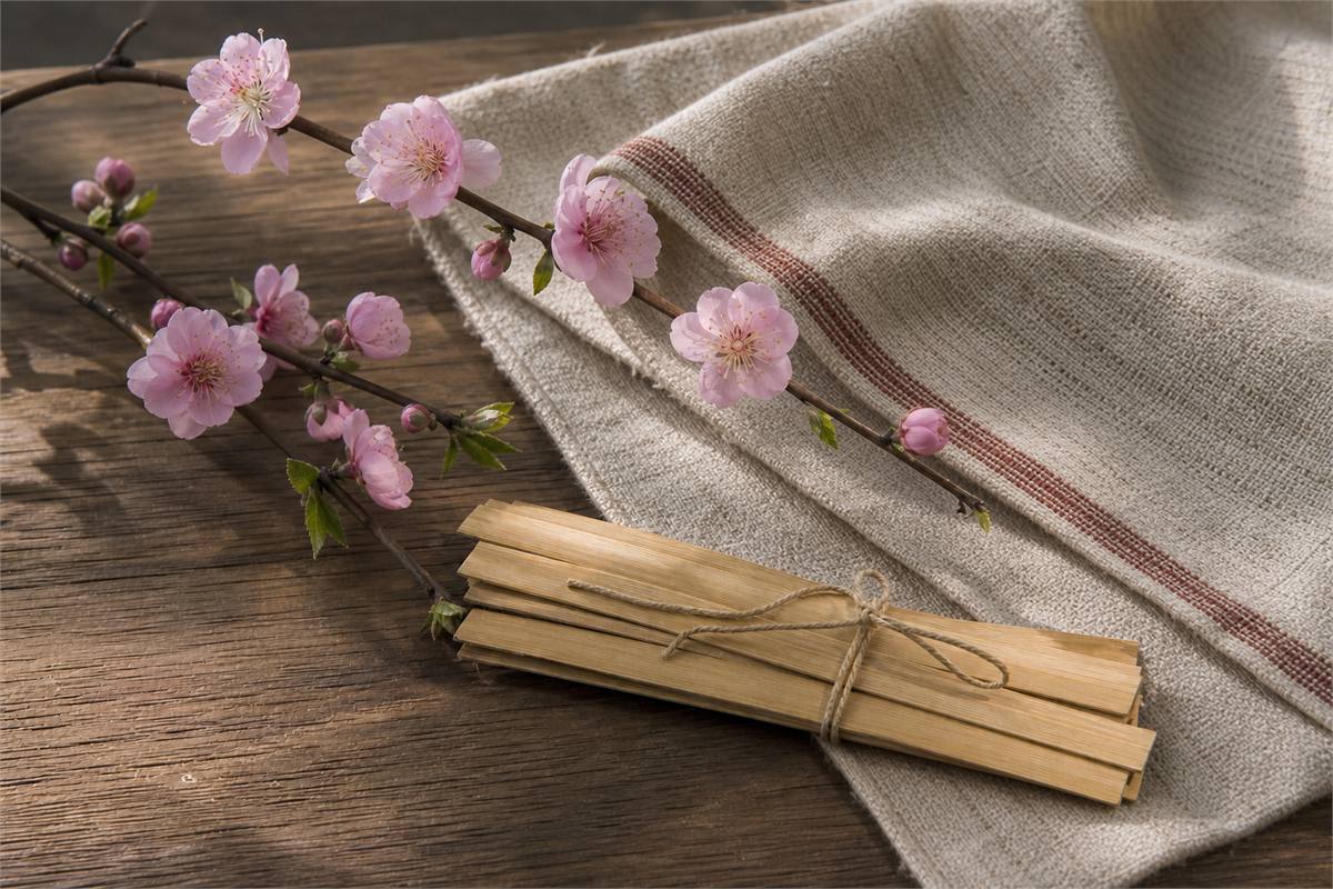 Peach blossom branches beside unmarked woven wedding textile and blank bamboo slips in a restrained historical still life