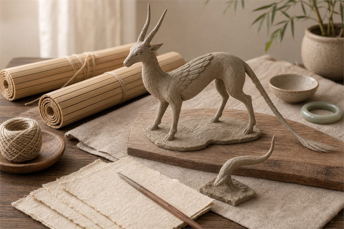 Long-tailed deer-like clay maquette beside blank bamboo-slip studies and horn models