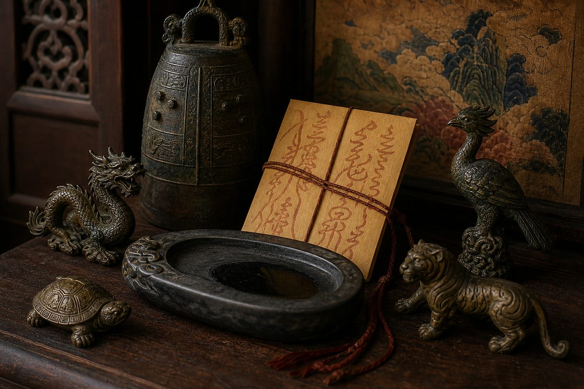 Four Symbols (四象) Taoist guardian context with ritual objects and four guardian motifs