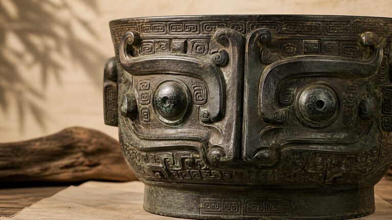 Taotie (饕餮) bronze beast-mask motif with symmetrical eyes, horns, fangs, and cloud-thunder pattern