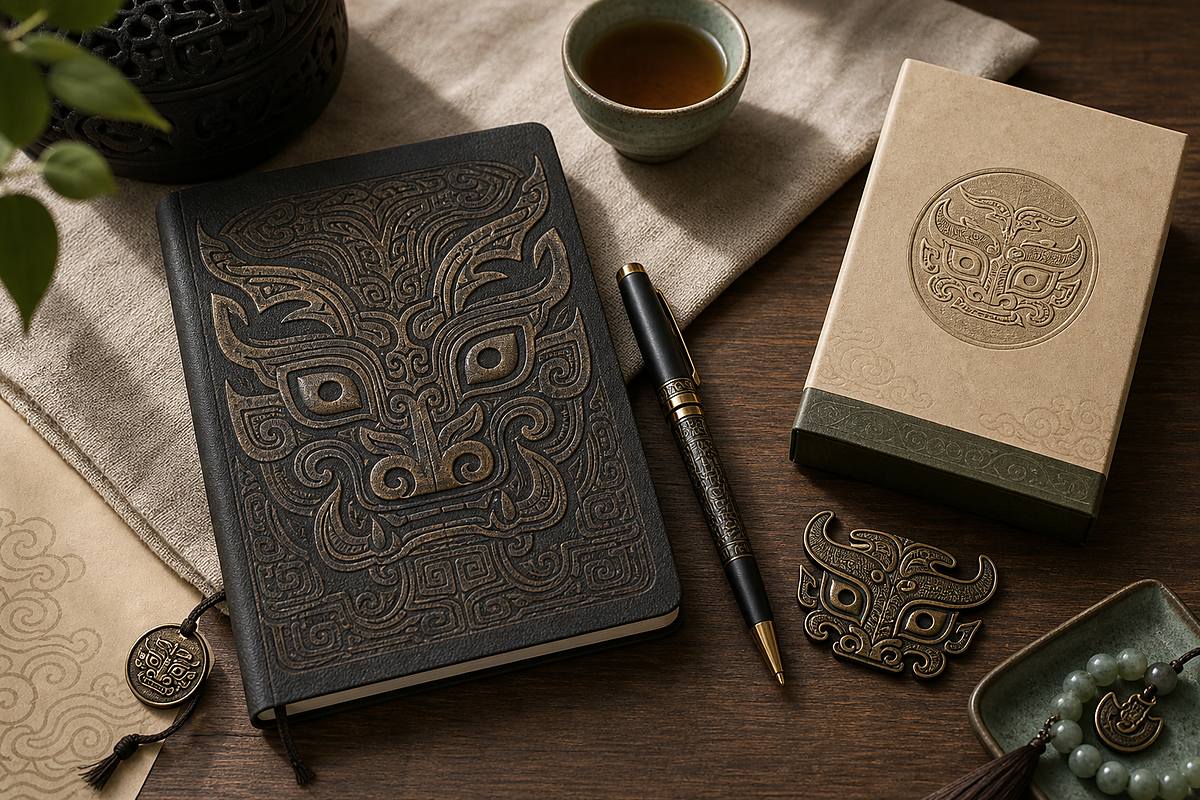 Taotie pattern (饕餮纹) used on museum cultural products, stationery, packaging, and modern Eastern branding