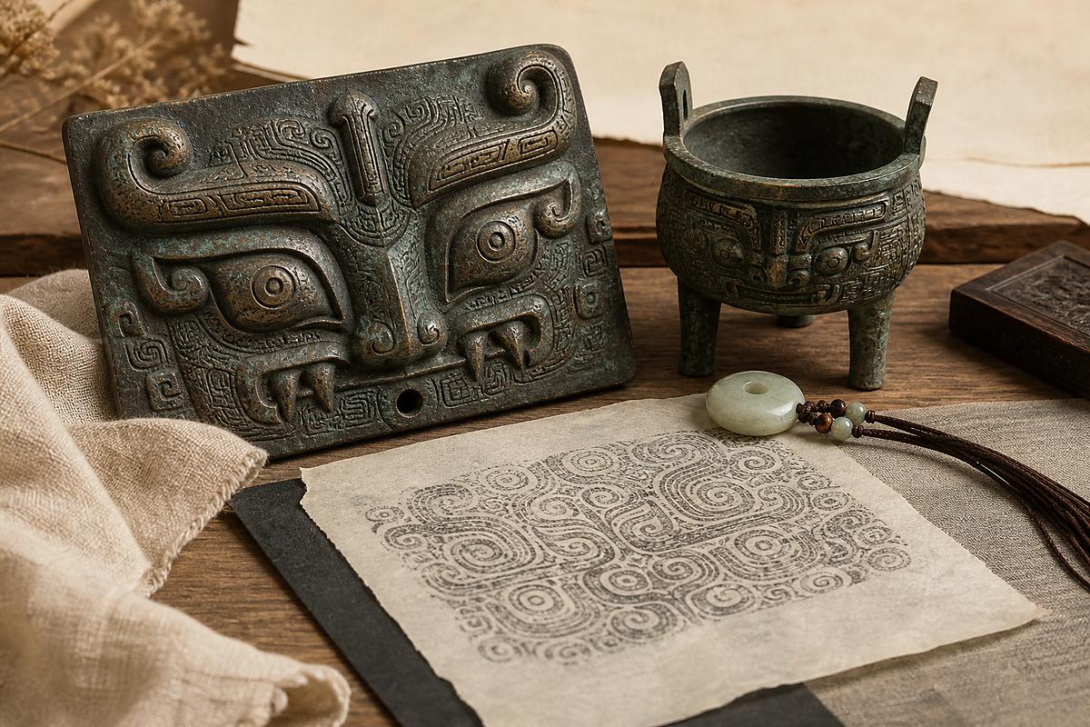 Taotie (饕餮) bronze beast-mask motif with jade and cloud-thunder pattern before the FAQ