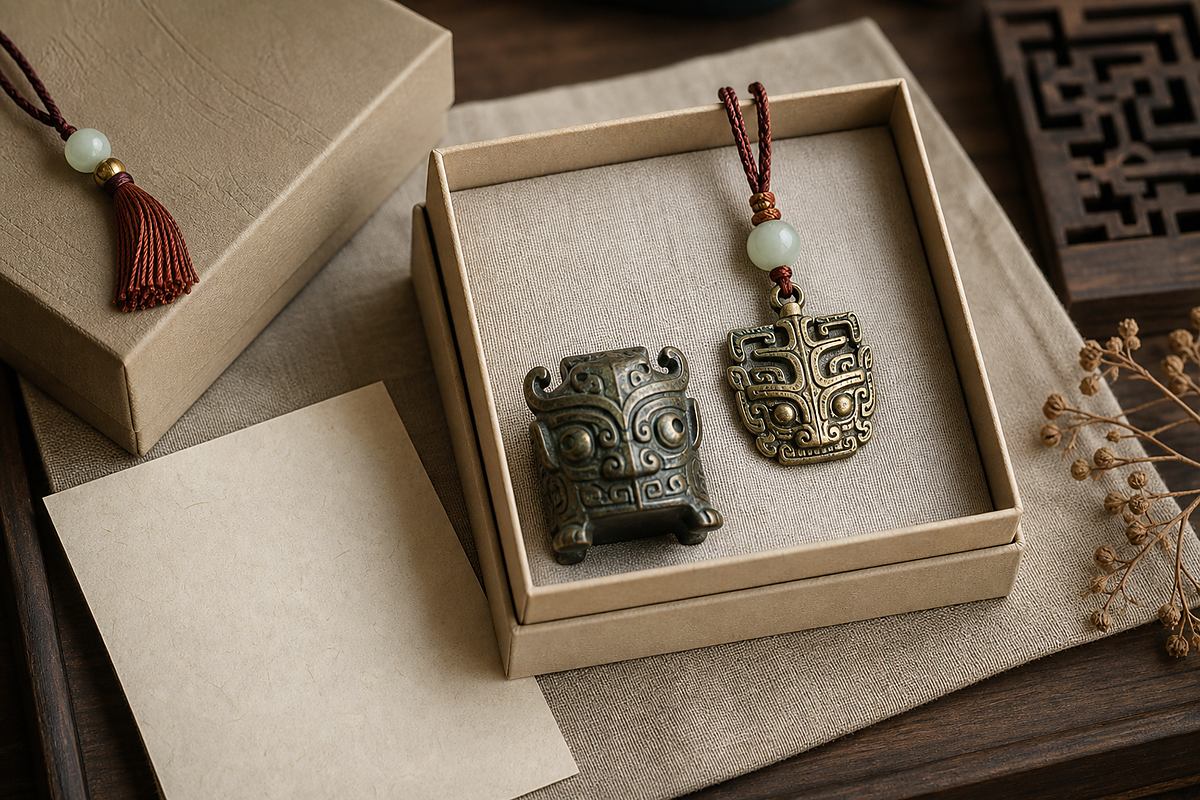 Taotie (饕餮) motif jewelry and desk ornament arranged as a restrained Eastern gift