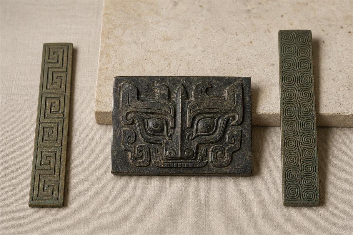 Bronze-style taotie mask panel between separate squared huiwen and spiral leiwen pattern bands