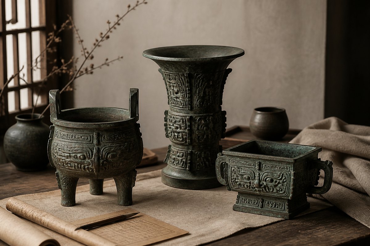 Taotie pattern (饕餮纹) on bronze ritual vessels / Li Qi (礼器) in an Eastern ritual setting