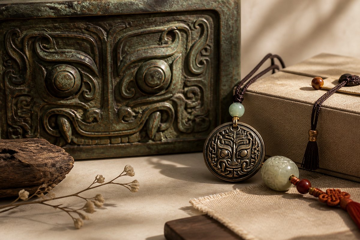 Taotie (饕餮) bronze motif with modern Eastern jewelry and design objects