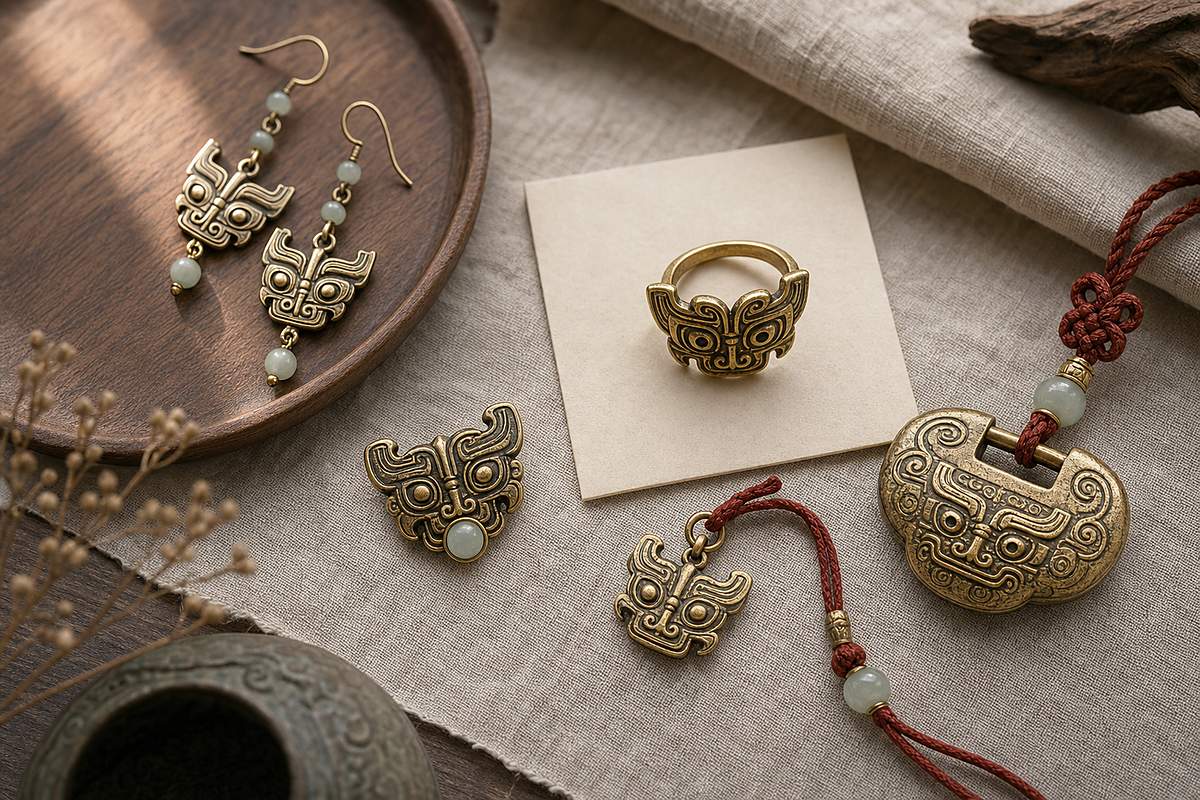 Modern Taotie (饕餮) motif jewelry in a restrained Eastern gift setting
