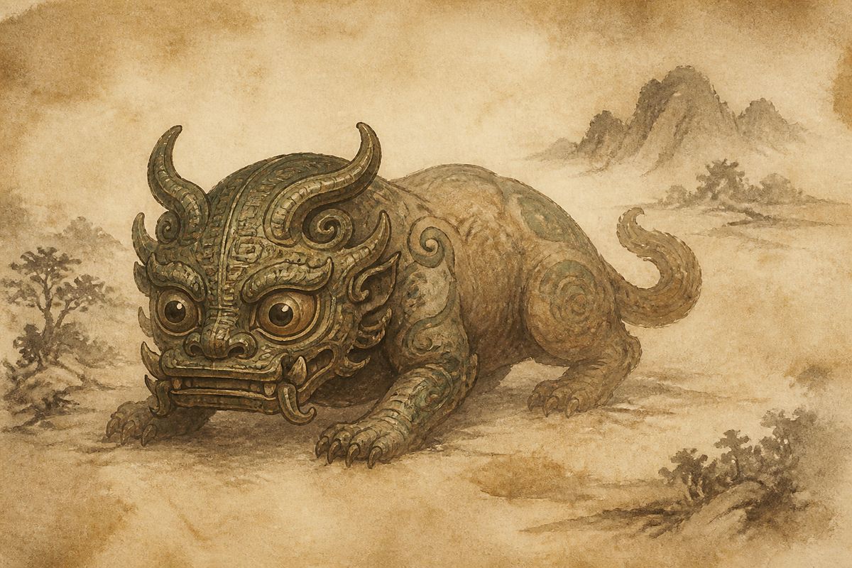 Taotie (饕餮) mythic gluttonous beast shown as a restrained ancient Eastern illustration