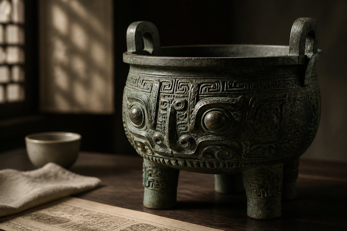 Taotie (饕餮) bronze vessel in a restrained ritual scene showing fierce beauty and authority