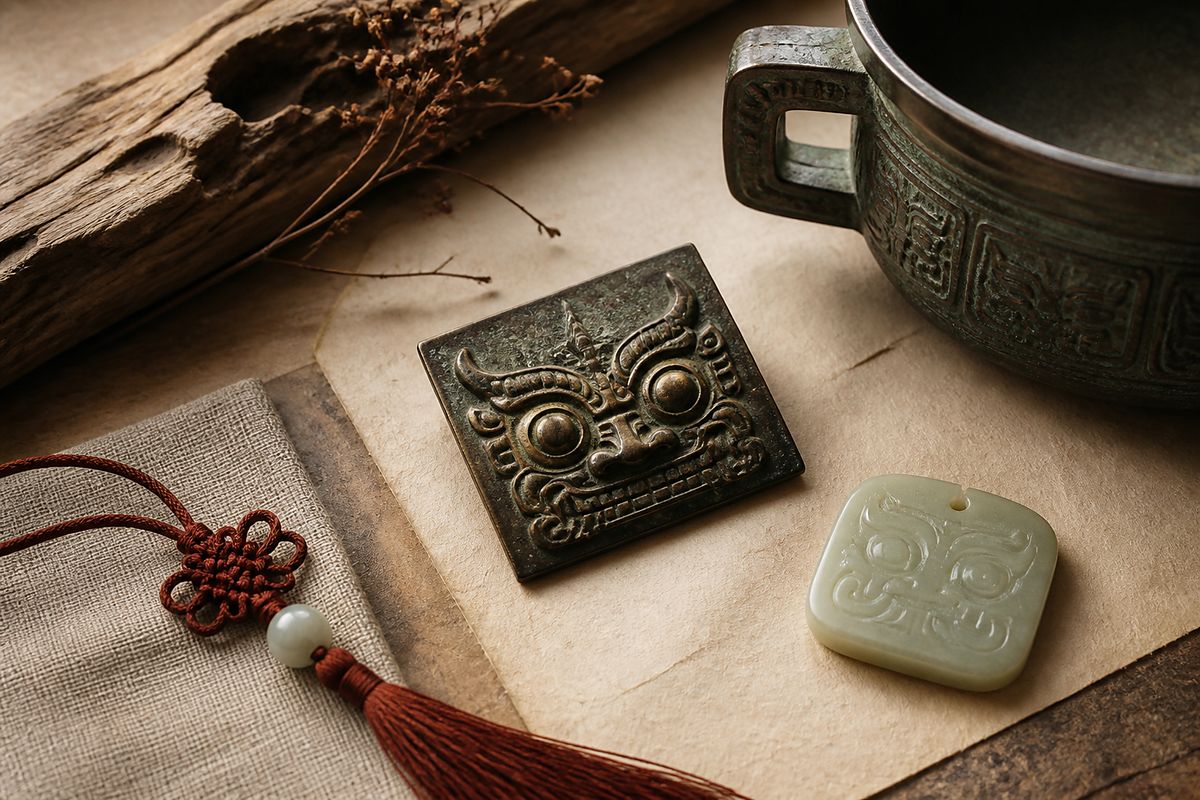 Taotie (饕餮) bronze mask beside jade, seal, and restrained Eastern design objects