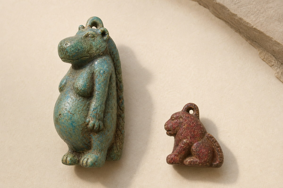 Blue-green faience Taweret amulet beside a smaller reddish composite leonine amulet
