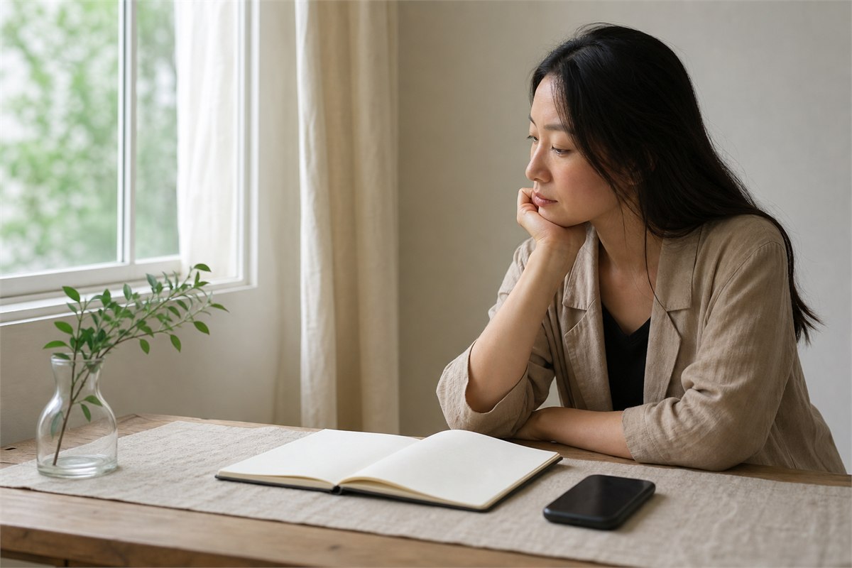 An adult sits by a window with a blank notebook and an unused phone while considering a relationship decision
