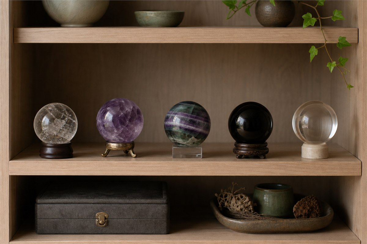 Clear quartz, amethyst, fluorite, black obsidian, and optical glass spheres on separate stands in a shaded cabinet