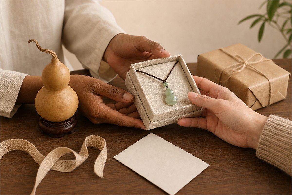Two adults presenting a jade hulu necklace in an ivory box beside a natural gourd ornament, blank card, and wrapped parcel
