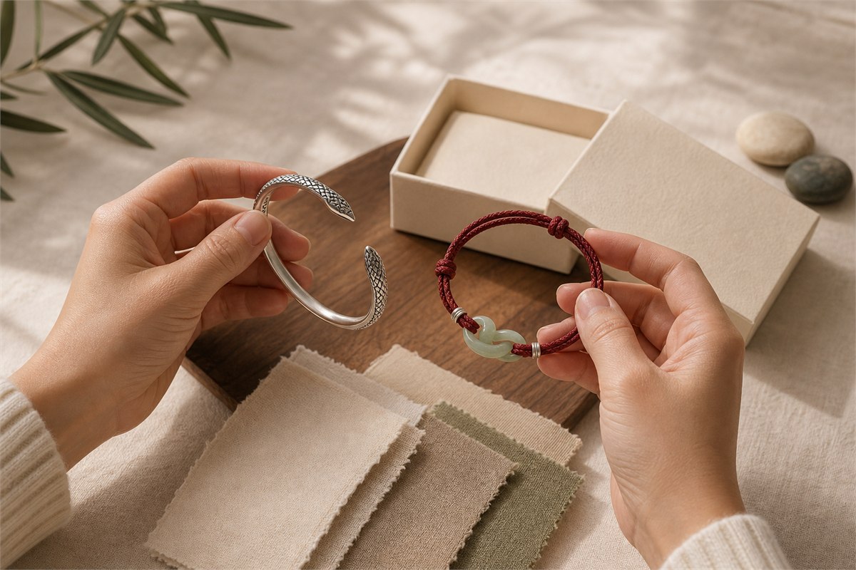 Two hands compare a silver snake cuff and jade-accented cord bracelet beside fabric swatches and a gift box