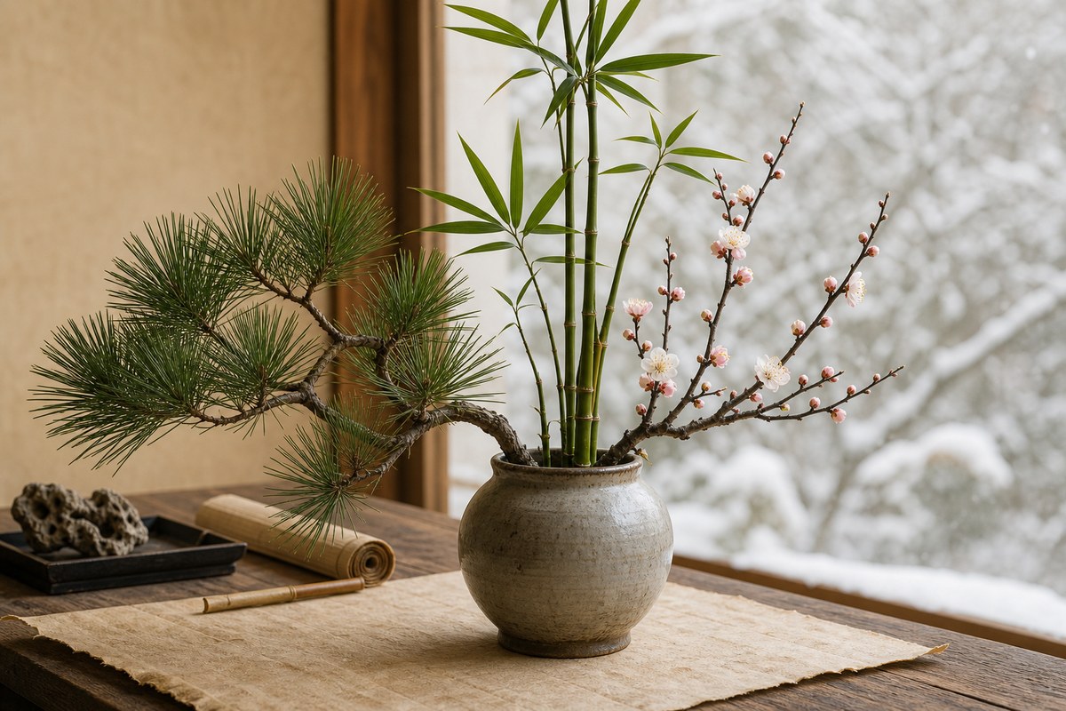 Pine bamboo and plum in a refined winter still life for Three Friends of Winter Suihan Sanyou (岁寒三友)