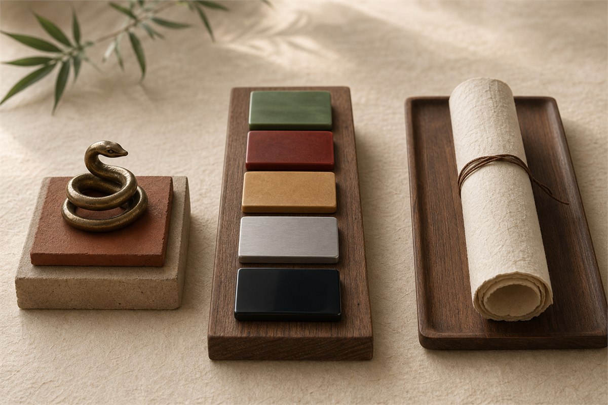 Bronze snake, five unlabeled material swatches, and a blank scroll arranged in three separate groups