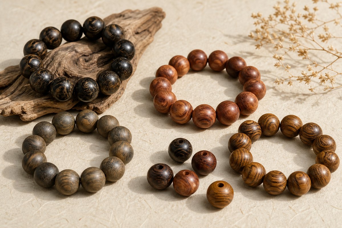 Wood bracelet beads and samples showing jujube, peach, cypress, and nanmu-style brown tones