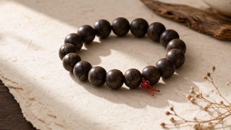 Dark thunderstruck wood bracelet with subtle branching cracks on warm ivory paper
