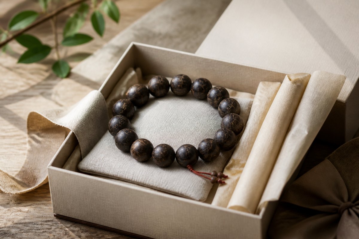 Thunderstruck wood bracelet in a neutral paper gift box with linen, parchment, and warm daylight