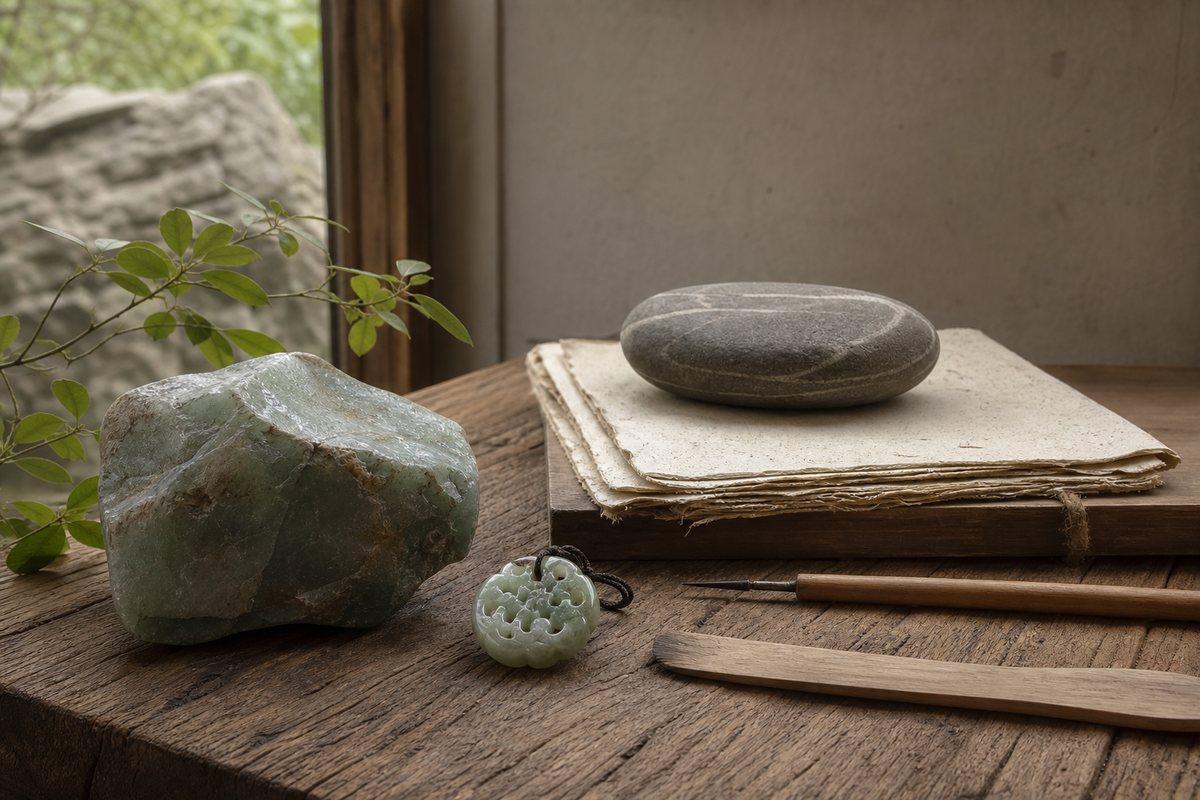 Raw jade-like stone, small carved pendant, blank handmade paper, wooden tools, and a scholar stone near a window