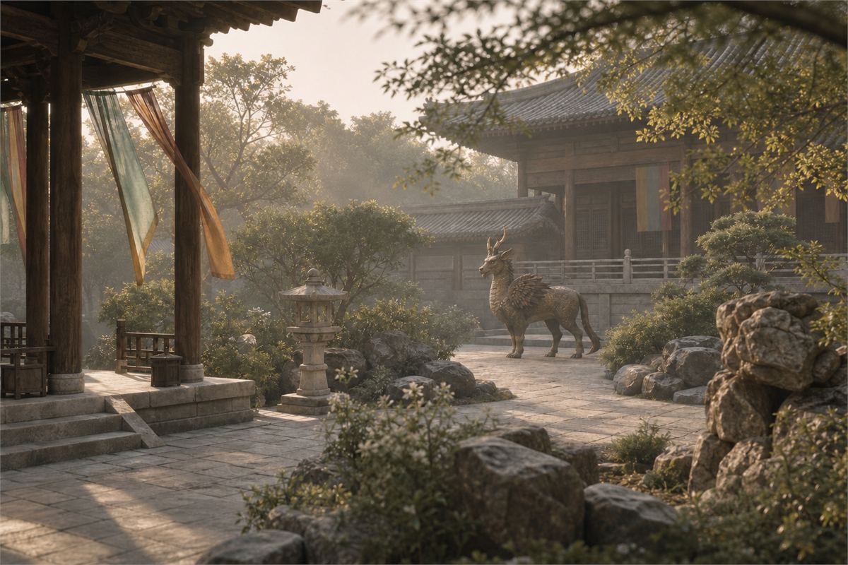Early medieval courtyard at dawn with a distant composite beast and muted ceremonial colors