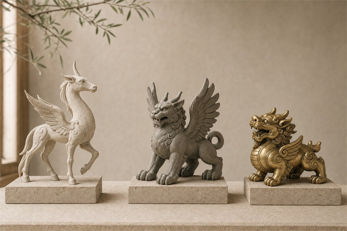 Three distinct study sculptures comparing Tianlu-like, Bixie-like, and modern Pixiu-inspired forms