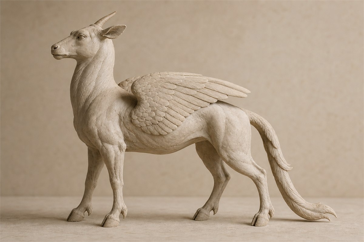 Side-profile Tianlu study model with deer-like legs, feline torso, compact wings, horn, and long tail