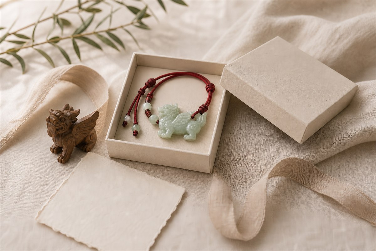 Tianlu-inspired jade pendant and small wood carving in restrained paper and linen gift packaging