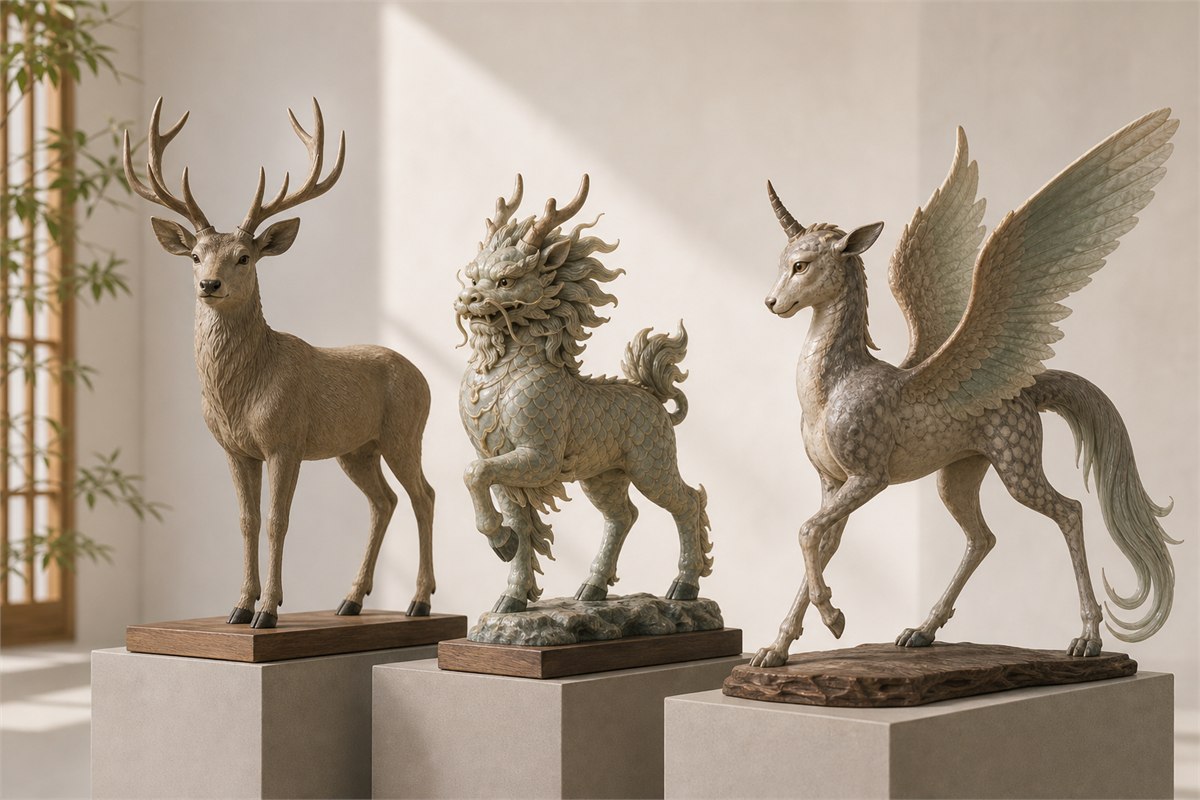 Separate modern study figures of a natural deer, a Qilin-inspired creature, and a winged Tianlu form