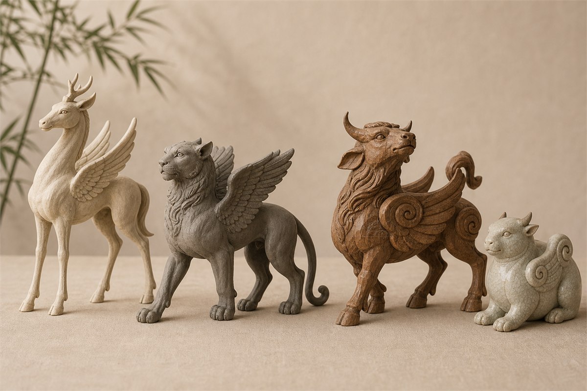 Four different winged composite beast studies with varied bodies, feet, horns, tails, and wings