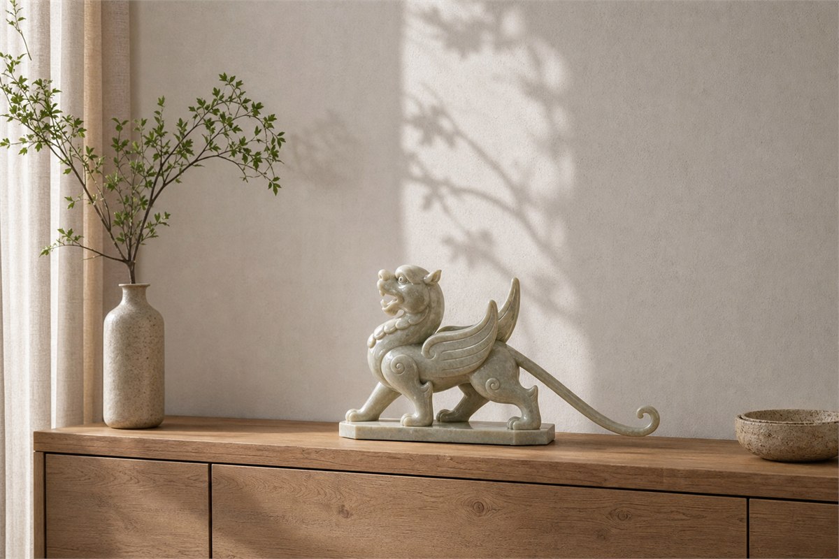 Contemporary Tianlu-inspired stone sculpture on a stable wood console in a warm minimalist room