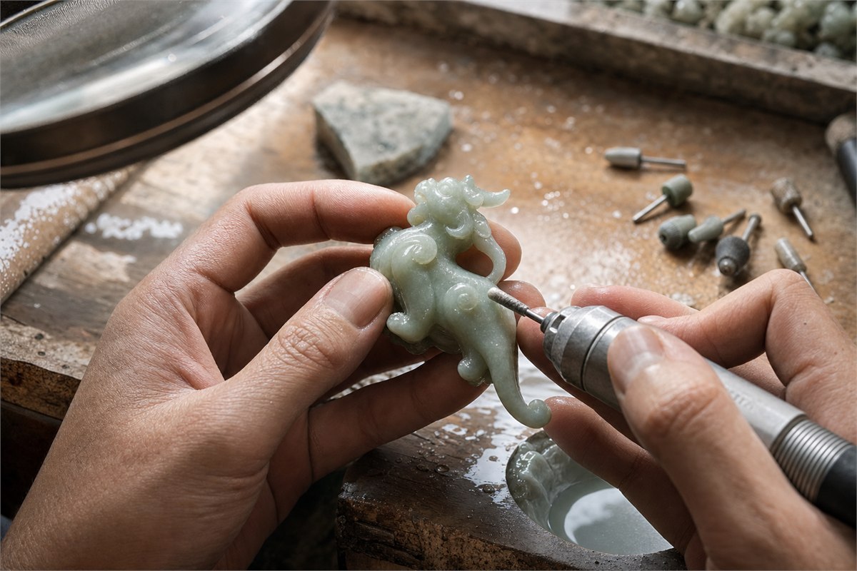 Artisan hands carving a pale nephrite Tianlu-inspired pendant with a small rotary tool
