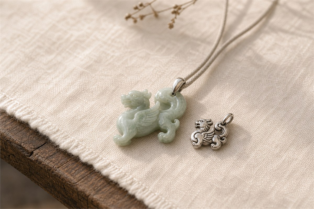 Pale jade Tianlu-inspired pendant and brushed-silver composite-beast charm on ivory linen