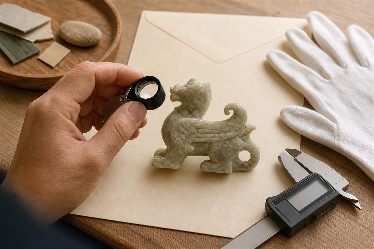 Buyer examining a pale stone winged-beast carving with a loupe, calipers, gloves, and blank document envelope