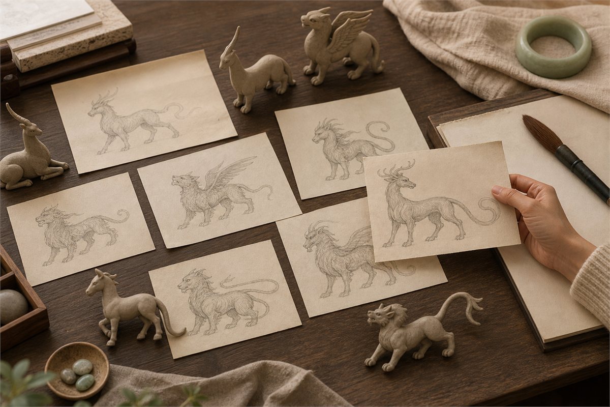 Research desk with varied unlabelled drawings and clay models of composite winged beasts