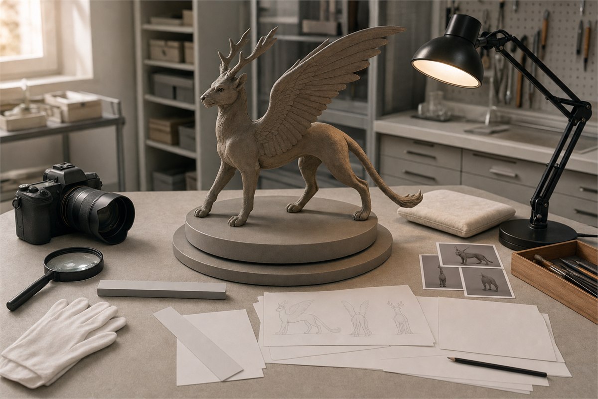Museum research workstation documenting a winged-beast study from several angles