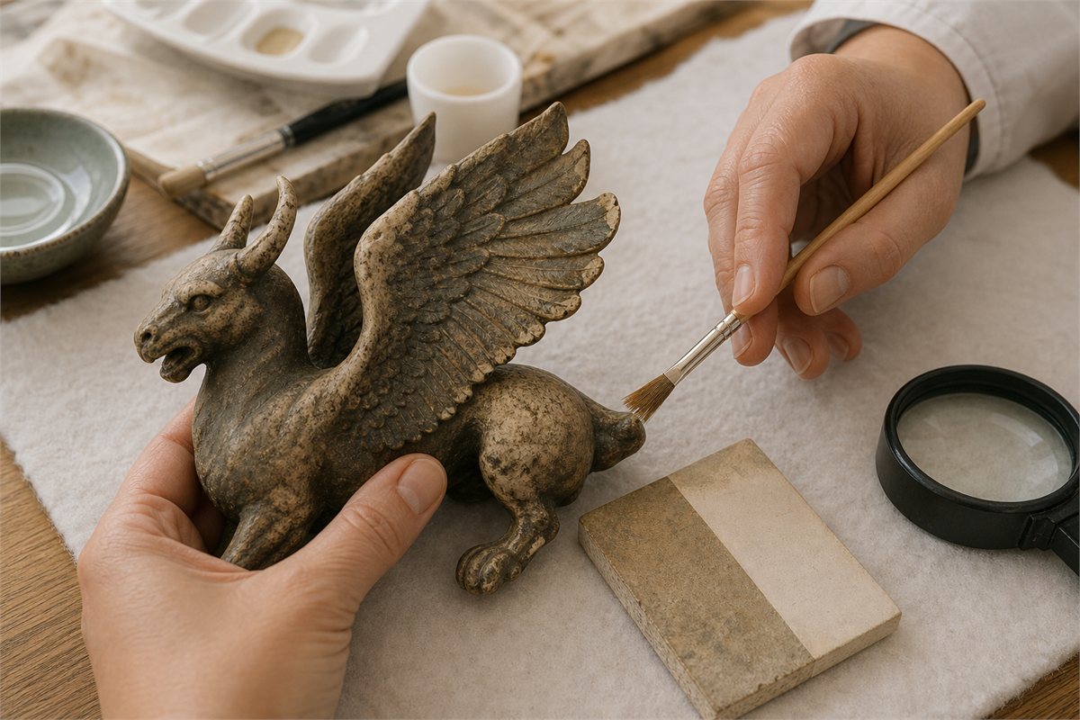 Conservator examining a repaired horn, filled wing chip, and aged surface on a winged-beast replica