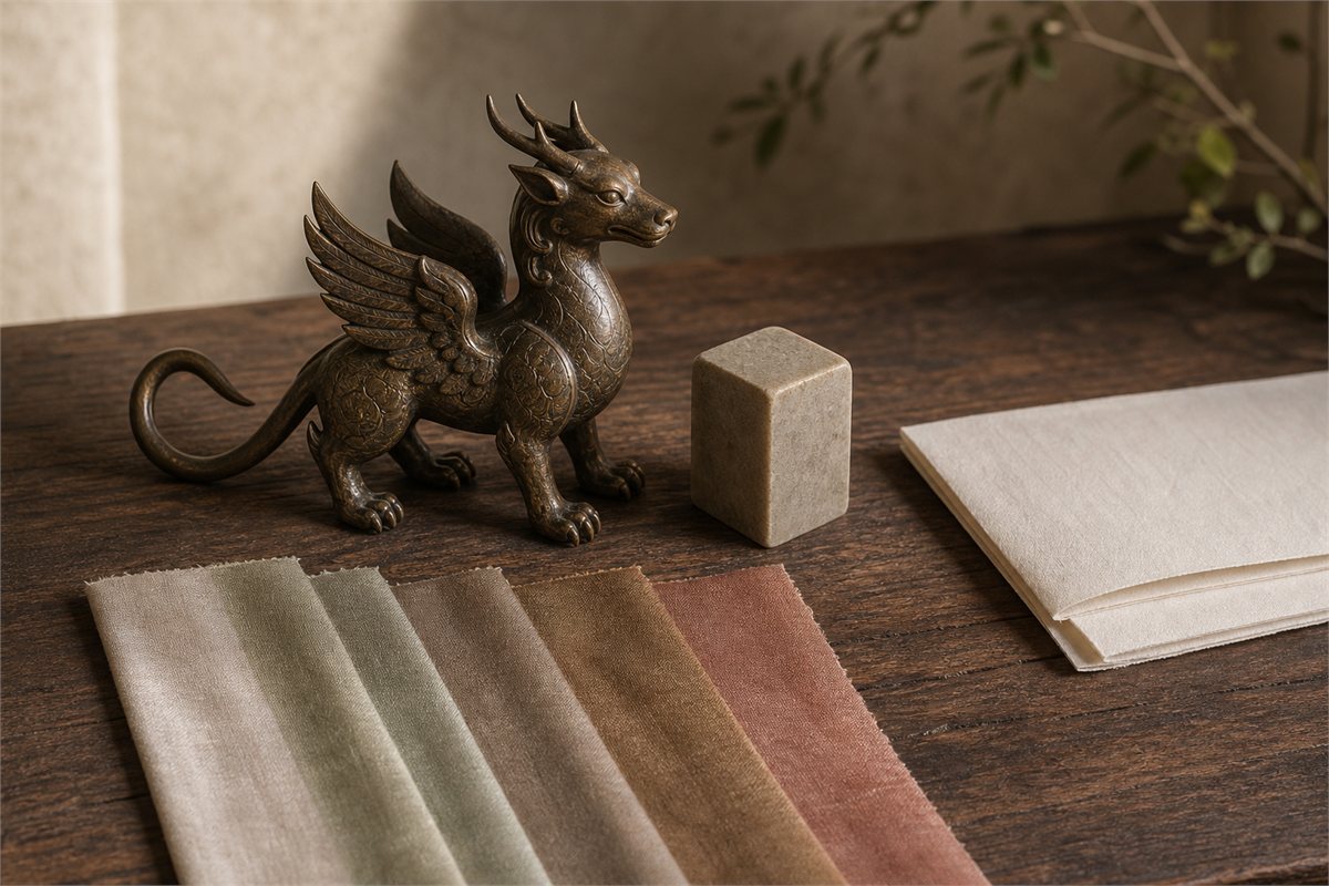 Bronze winged-beast study with muted silk colors and uninscribed courtly research objects