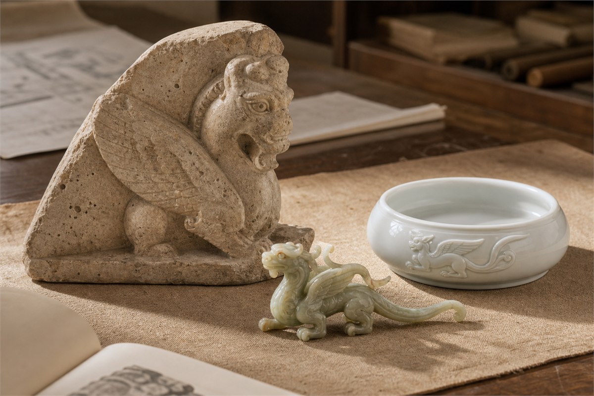 Modern study objects showing winged-beast forms in limestone, pale jade, and white porcelain